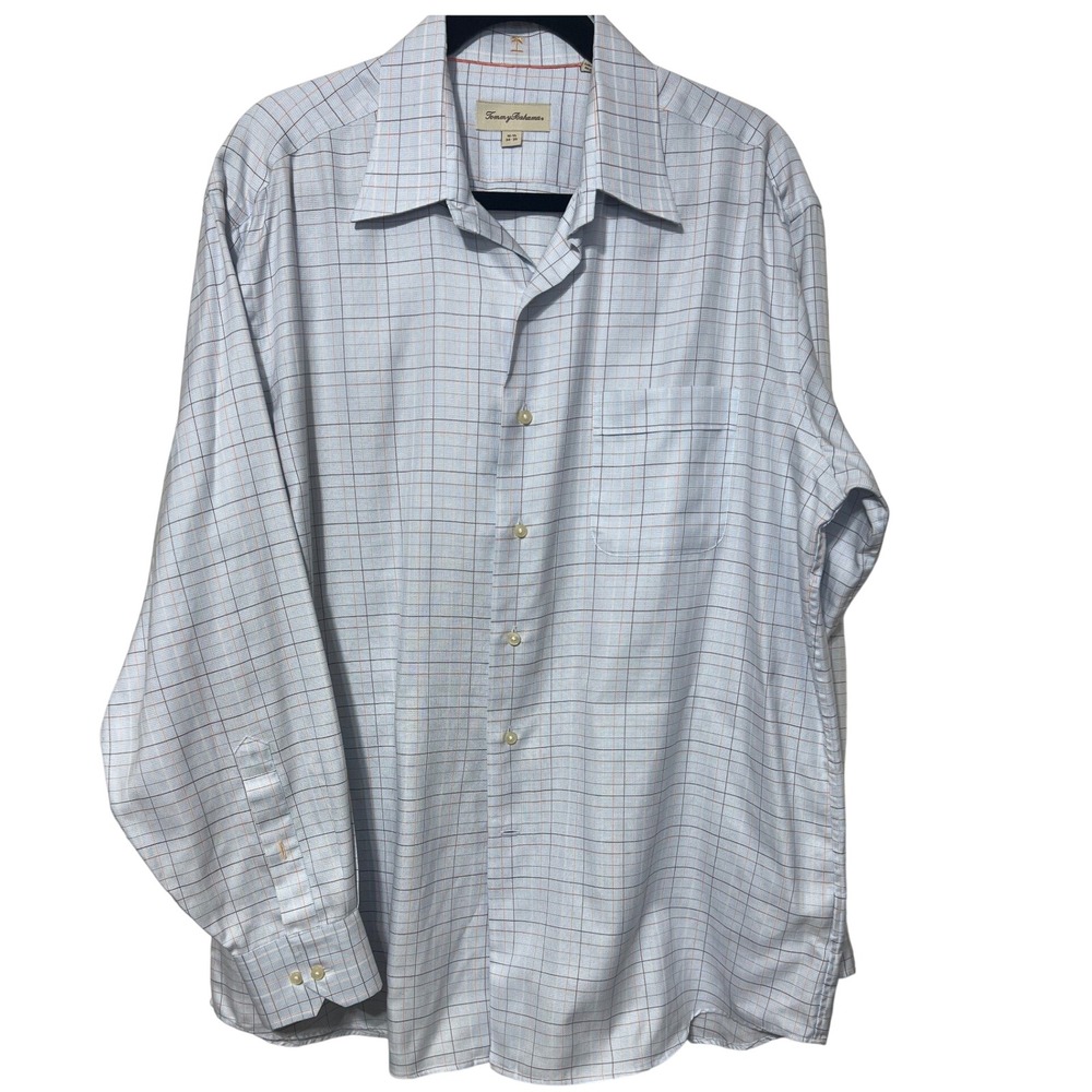 Tommy Bahama Mens 16.5 34/35 Light Blue Check Long Sleeve Cotton Button Down